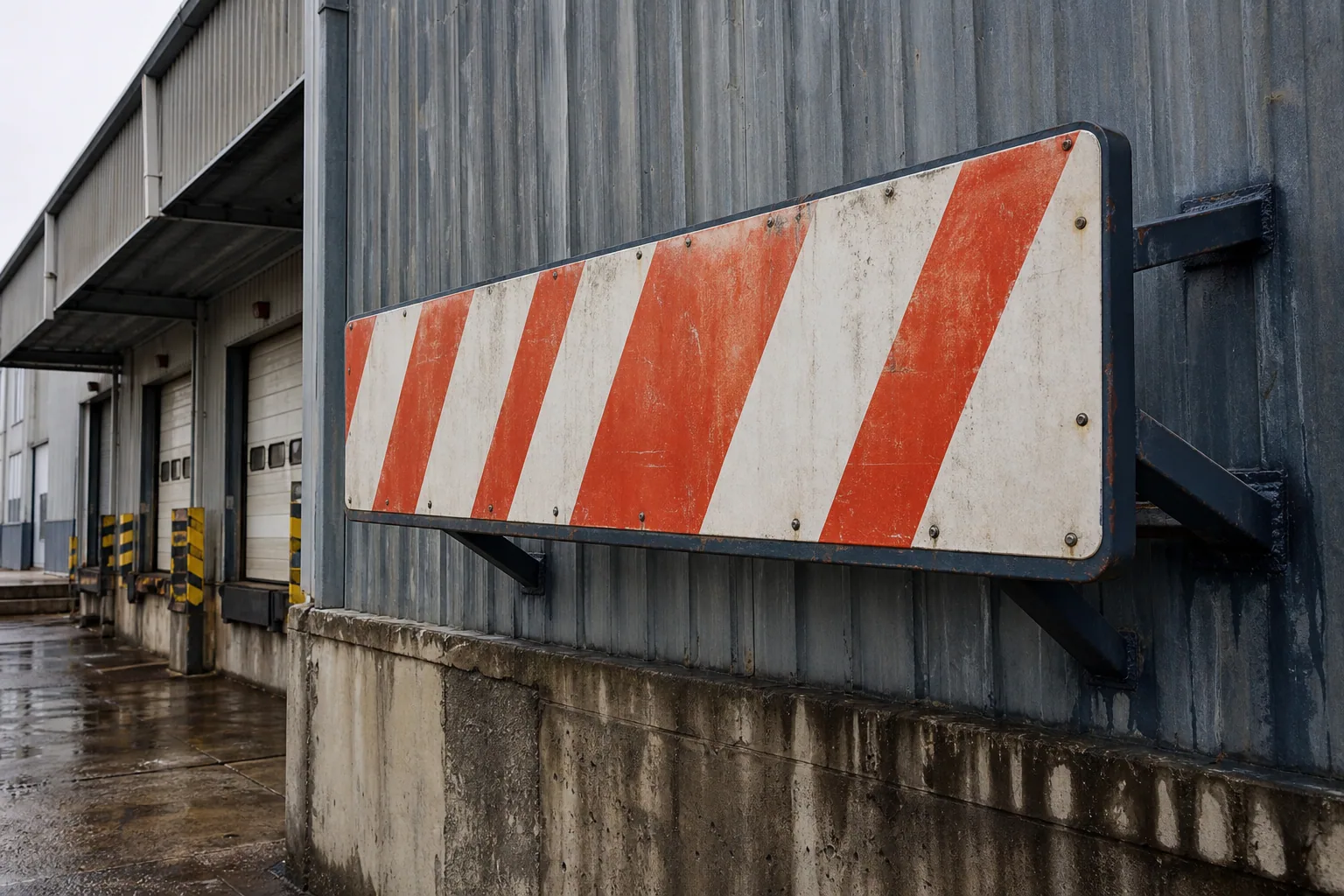 Cartel metálico reforzado instalado en un depósito