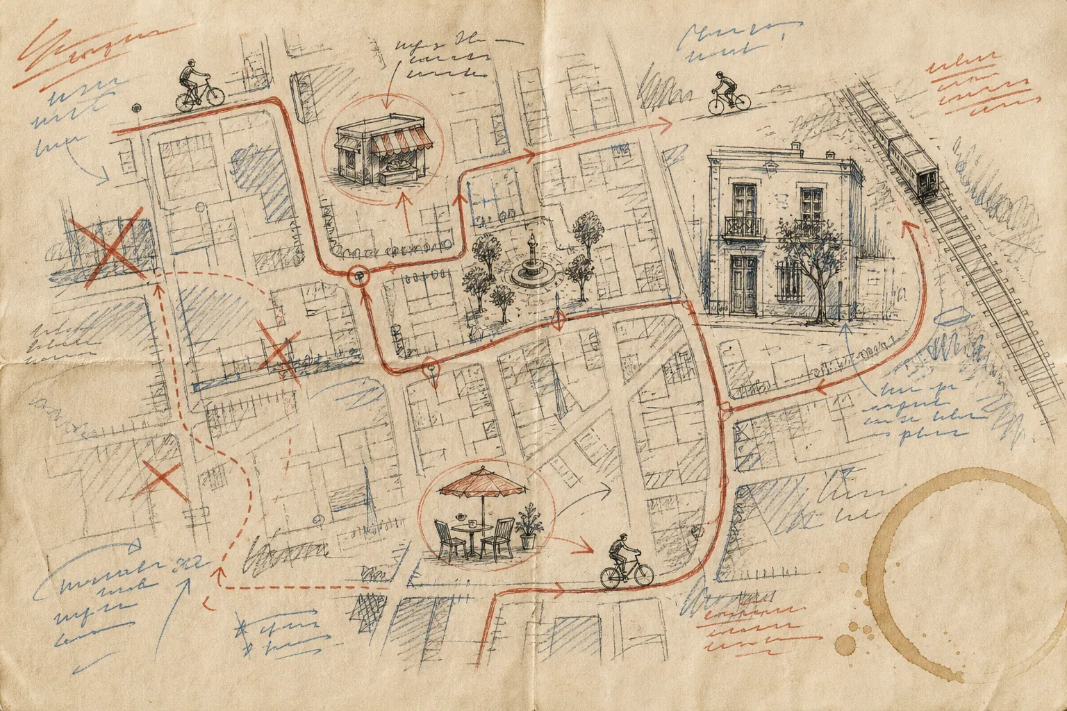 Mapa dibujado a mano con un recorrido barrial en bicicleta