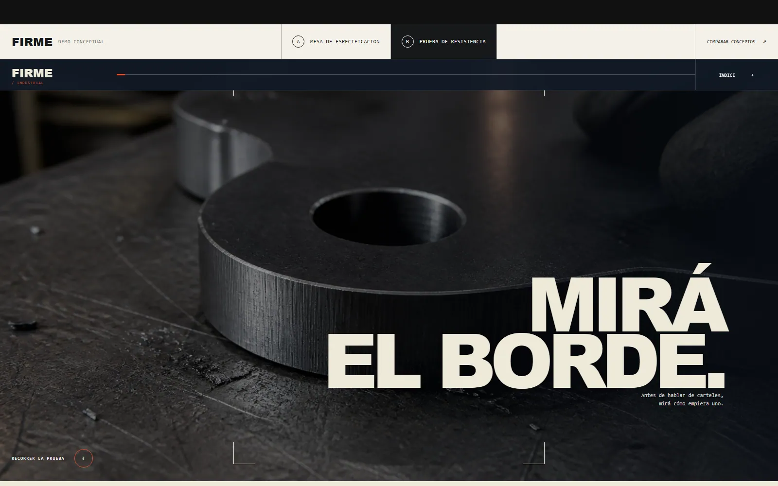 Dirección visual industrial de FIRME con el detalle de una pieza metálica cortada.