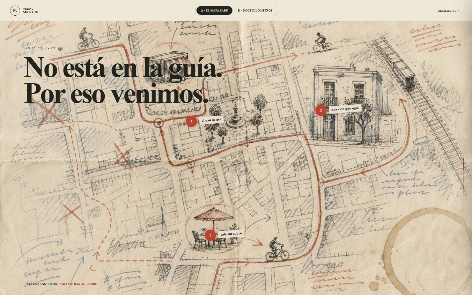 Mapa ilustrado de una experiencia barrial en bicicleta para el proyecto Pedal Adentro.