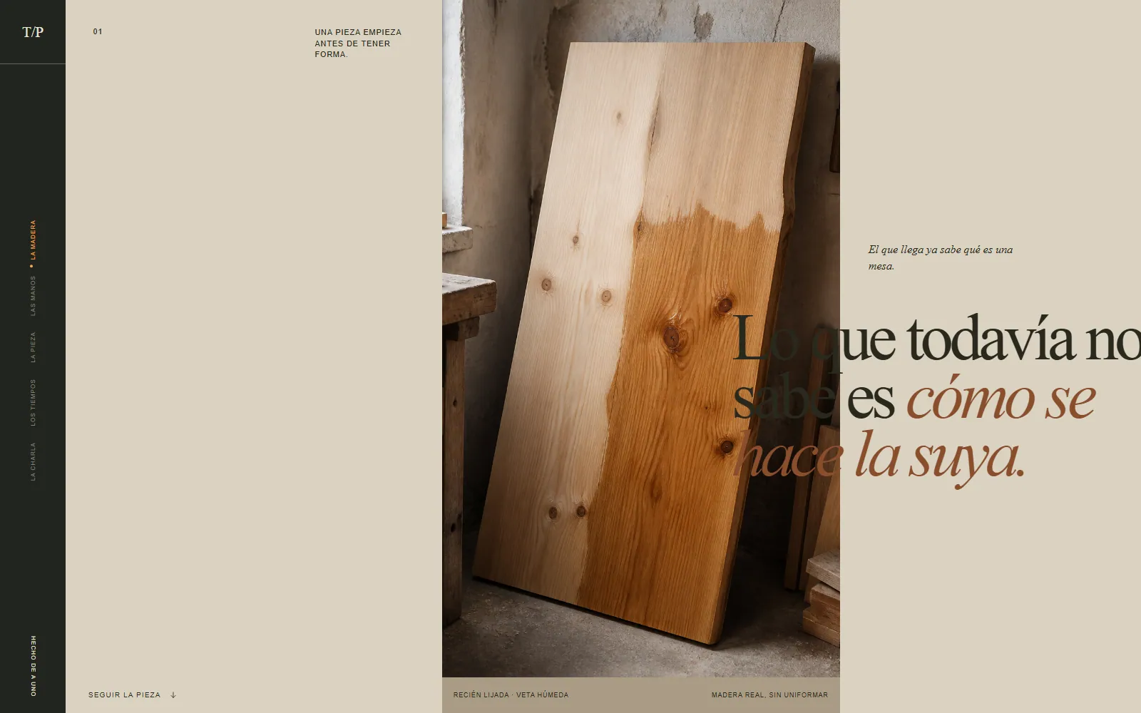 Dirección visual ilustrativa para Taller Pino, con una tabla de madera en proceso dentro del taller.